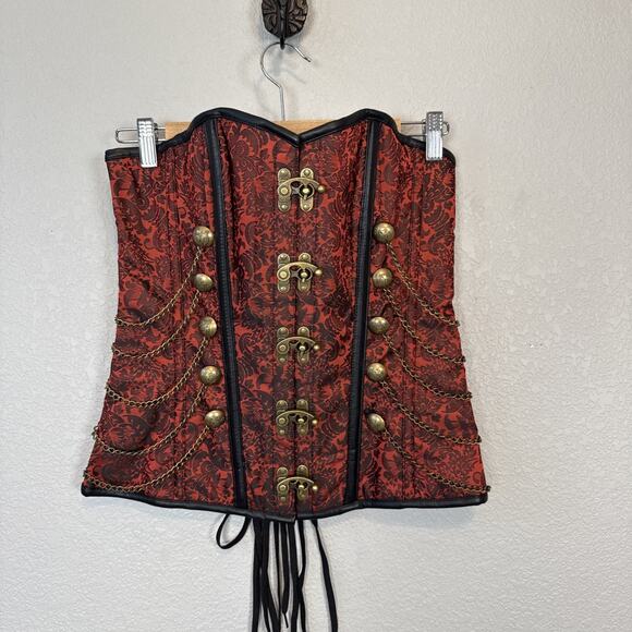 Red Black Jacquard Brocade Steampunk Over Bust Boned Corset Brass Chains Buttons - Picture 1 of 6